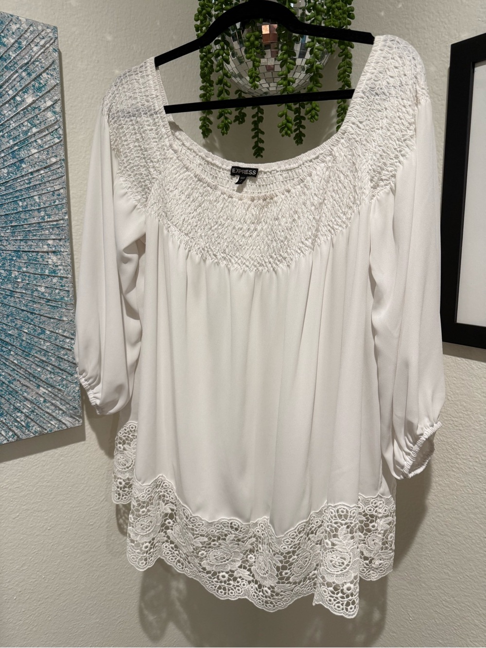 Express White Smocked Peasant Blouse with Crochet Hem